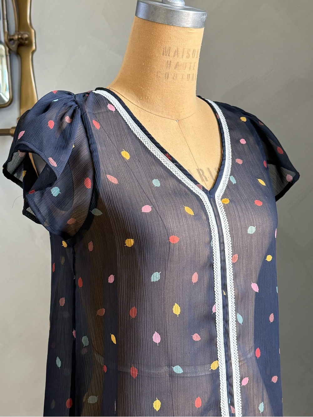 Maison Jules Navy V-Neck Flutter Sleeve Dot-Leaf Blouse